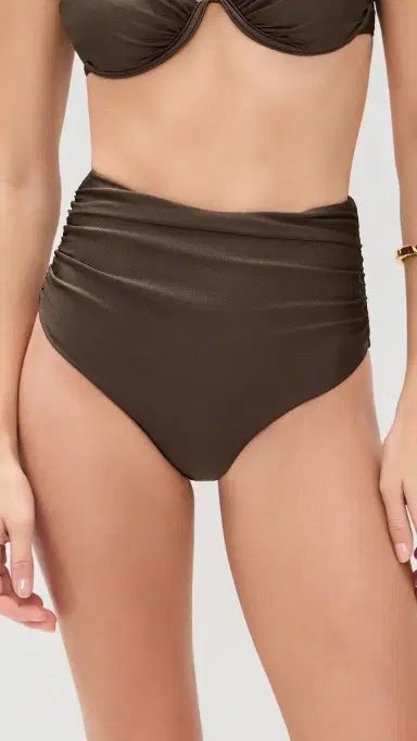 SIMKHAI Teya High Waisted Ruched Bikini Bottoms Chocolate | Thumbnail 2