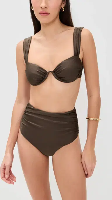 SIMKHAI Teya High Waisted Ruched Bikini Bottoms Chocolate | Thumbnail 4