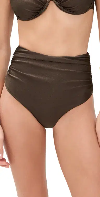 SIMKHAI Teya High Waisted Ruched Bikini Bottoms Chocolate | Thumbnail 1