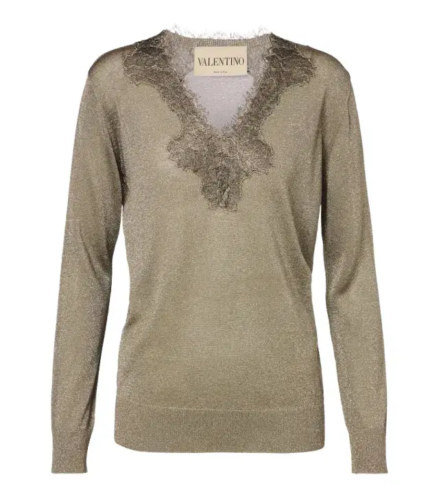Valentino Lace-trimmed lamé sweater