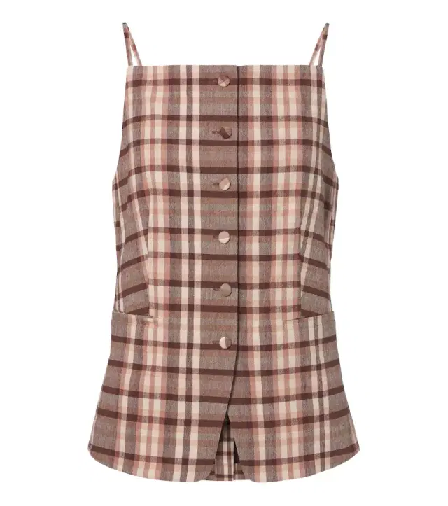Staud Una plaid linen-blend top