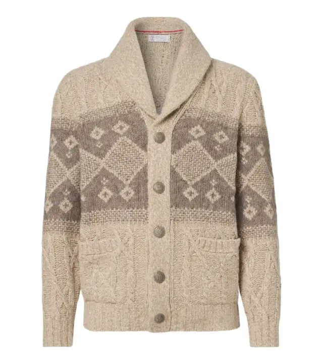 Brunello Cucinelli Intarsia wool, silk, and cashmere cardigan