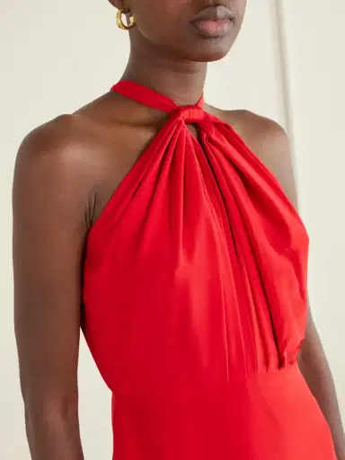 ANDRES OTALORA Vino De Palma Ruffled Duchesse-satin Silk Halterneck Maxi Dress | Thumbnail 4