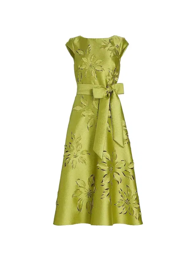 Badgley Mischka Women's Lasercut Floral Tie Waist Midi-Dress - Chartreuse