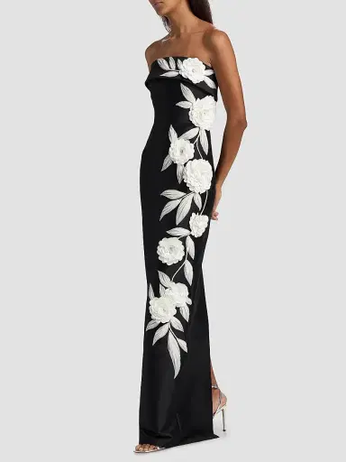 BADGLEY MISCHKA Women's Floral-Embroidered Stretch Mikado Column Gown - Black White - Size 4 | Thumbnail 2 BADGLEY MISCHKA Women's Floral-Embroidered Stretch Mikado Column Gown - Black White - Size 4 | Thumbnail 2