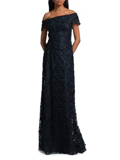 Teri Jon by Rickie Freeman Women's Sequined 3D Lace Off-the-Shoulder Gown - Navy - Size 18 | Thumbnail 2