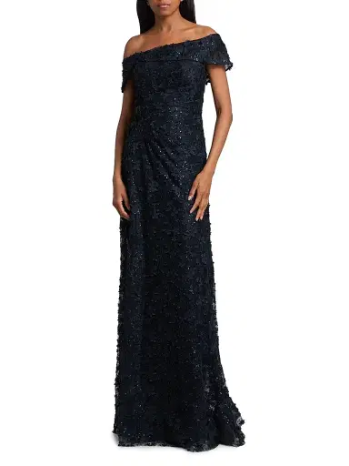 Teri Jon by Rickie Freeman Women's Sequined 3D Lace Off-the-Shoulder Gown - Navy - Size 18 | Thumbnail 3