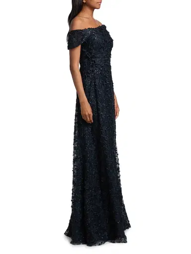 Teri Jon by Rickie Freeman Women's Sequined 3D Lace Off-the-Shoulder Gown - Navy - Size 18 | Thumbnail 4