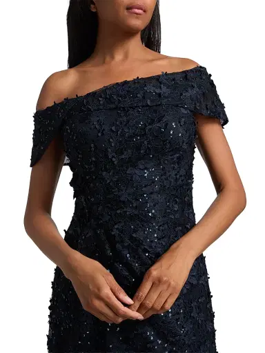 Teri Jon by Rickie Freeman Women's Sequined 3D Lace Off-the-Shoulder Gown - Navy - Size 18 | Thumbnail 6