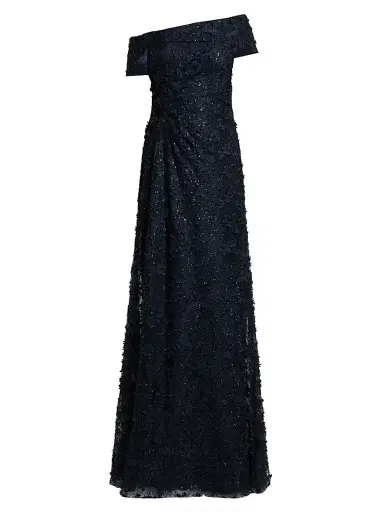 Teri Jon by Rickie Freeman Women's Sequined 3D Lace Off-the-Shoulder Gown - Navy - Size 18 | Thumbnail 1