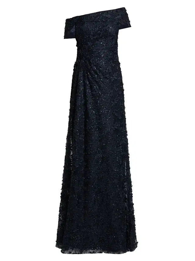 Teri Jon by Rickie Freeman Women's Sequined 3D Lace Off-the-Shoulder Gown - Navy