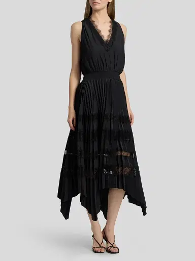 Ramy Brook Women's Roselyn Pleated Lace-Trim Midi Dress - Black - Size XL | Thumbnail 3