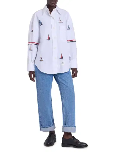 Thom Browne Women's Embroidered Stitch Sailboats Shirt | Thumbnail 2 Thom Browne Women's Embroidered Stitch Sailboats Shirt | Thumbnail 2