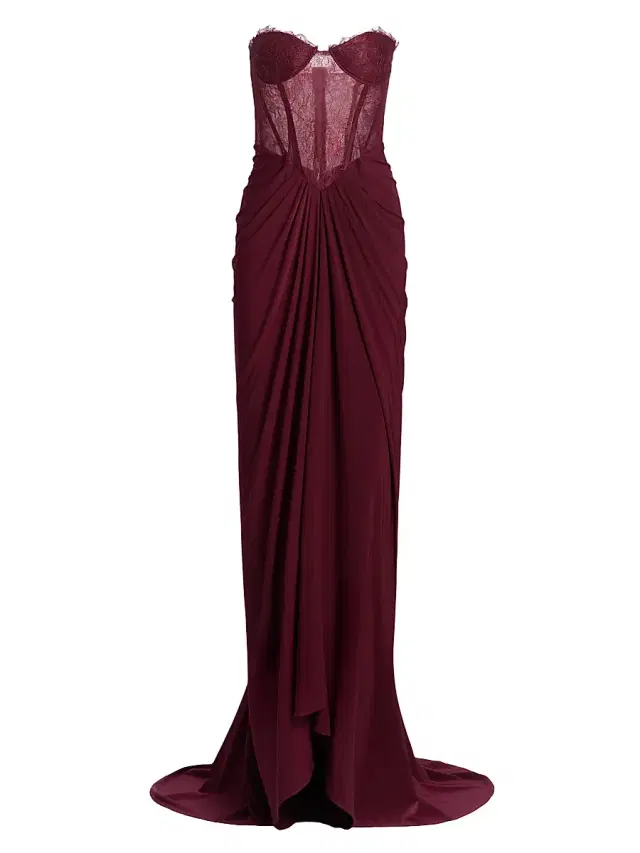 BCBGMAXAZRIA Women's Lace & Jersey Strapless Gown - Cabernet