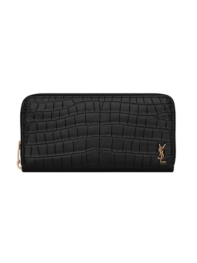 Saint Laurent Men's Tiny Cassandre Zip-Around Wallet in Crocodile-Embossed Leather - Black