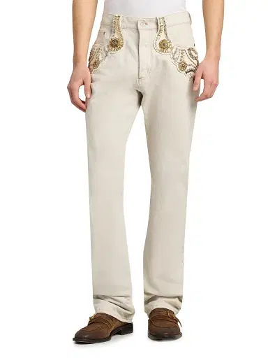 Versace Men's Bead-Embellished Medusa Jeans - Off White - Size 36 | Thumbnail 3 Versace Men's Bead-Embellished Medusa Jeans - Off White - Size 36 | Thumbnail 3