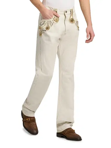 Versace Men's Bead-Embellished Medusa Jeans - Off White - Size 36 | Thumbnail 4 Versace Men's Bead-Embellished Medusa Jeans - Off White - Size 36 | Thumbnail 4