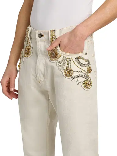 Versace Men's Bead-Embellished Medusa Jeans - Off White - Size 36 | Thumbnail 6 Versace Men's Bead-Embellished Medusa Jeans - Off White - Size 36 | Thumbnail 6