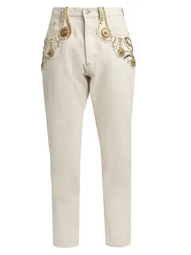 Versace Men's Bead-Embellished Medusa Jeans - Off White - Size 36 | Thumbnail 1 Versace Men's Bead-Embellished Medusa Jeans - Off White - Size 36 | Thumbnail 1