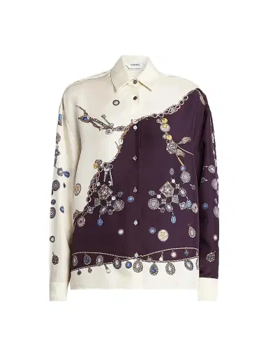 Versace Women's La Vacanza Stolen Jewels Print Silk Shirt - Burgundy White Gold - Size 6 | Thumbnail 1 Versace Women's La Vacanza Stolen Jewels Print Silk Shirt - Burgundy White Gold - Size 6 | Thumbnail 1