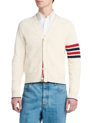 Thom Browne Men's Crossover Tuck Stitch Relaxed-Fit Linen-Cotton Cardigan - White - Size XXL | Thumbnail 3