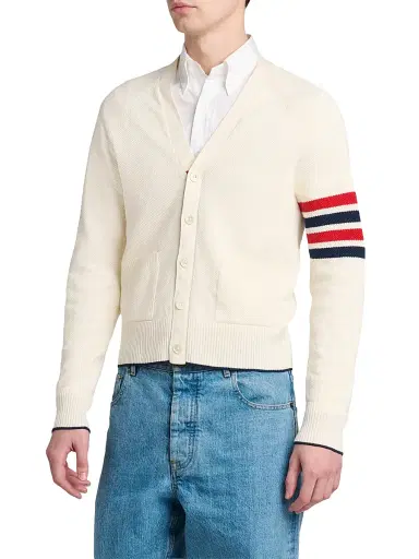 Thom Browne Men's Crossover Tuck Stitch Relaxed-Fit Linen-Cotton Cardigan - White - Size XXL | Thumbnail 4