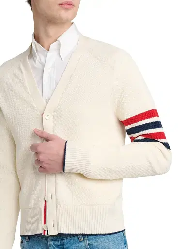 Thom Browne Men's Crossover Tuck Stitch Relaxed-Fit Linen-Cotton Cardigan - White - Size XXL | Thumbnail 6