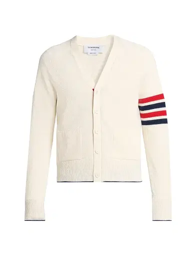 Thom Browne Men's Crossover Tuck Stitch Relaxed-Fit Linen-Cotton Cardigan | Thumbnail 1 Thom Browne Men's Crossover Tuck Stitch Relaxed-Fit Linen-Cotton Cardigan | Thumbnail 1