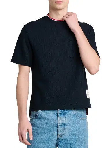 Thom Browne Men's RWB Tipped Crewneck Cotton-Linen T-Shirt | Thumbnail 3 Thom Browne Men's RWB Tipped Crewneck Cotton-Linen T-Shirt | Thumbnail 3