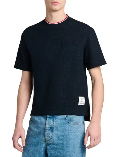 Thom Browne Men's RWB Tipped Crewneck Cotton-Linen T-Shirt | Thumbnail 4 Thom Browne Men's RWB Tipped Crewneck Cotton-Linen T-Shirt | Thumbnail 4