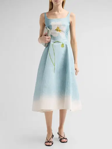 Oscar de la Renta Women's Peony Faille Day Dress - White Blue - Size 12 | Thumbnail 2