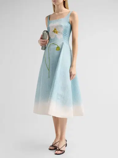 Oscar de la Renta Women's Peony Faille Day Dress - White Blue - Size 12 | Thumbnail 4