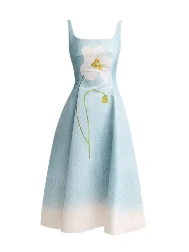 Oscar de la Renta Women's Peony Faille Day Dress - White Blue - Size 12 | Thumbnail 1