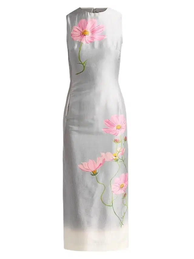 Oscar de la Renta Women's Floral Cotton-Blend Mikado Sheath Midi Dress - Pink Grey