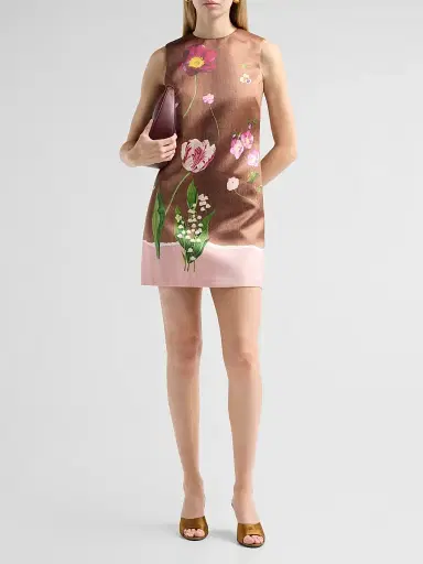 Oscar de la Renta Women's Mixed Botanical Border Satin Sleeveless Mini Dress | Thumbnail 2 Oscar de la Renta Women's Mixed Botanical Border Satin Sleeveless Mini Dress | Thumbnail 2