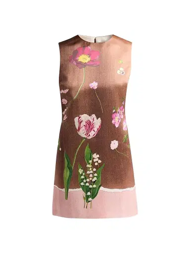 Oscar de la Renta Women's Mixed Botanical Border Satin Sleeveless Mini Dress | Thumbnail 1 Oscar de la Renta Women's Mixed Botanical Border Satin Sleeveless Mini Dress | Thumbnail 1