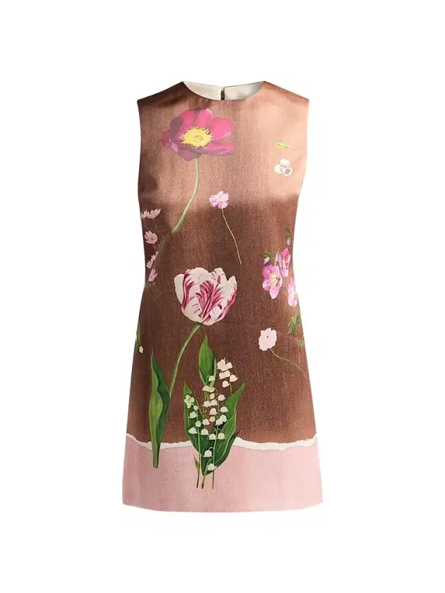 Oscar de la Renta Women's Mixed Botanical Border Satin Sleeveless Mini Dress - Blush Brown