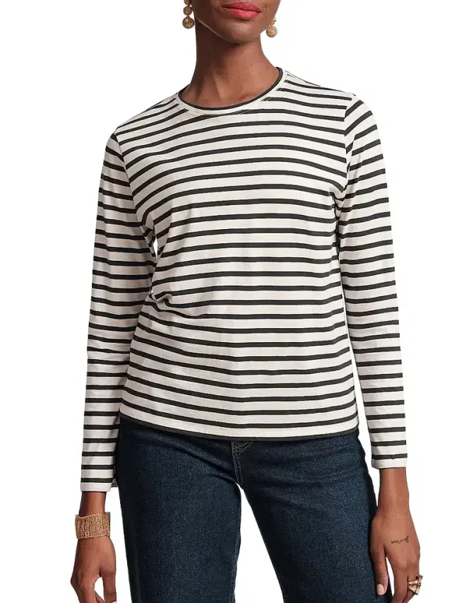 Women's Striped Cotton Long-Sleeve T-Shirt - Oyster Black - Size XL