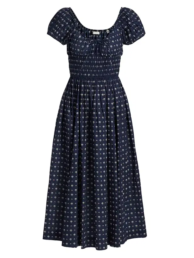 DÔEN Women's Quinn Shell Print Cotton Midi-Dress - Bleu Foulard De La Mer