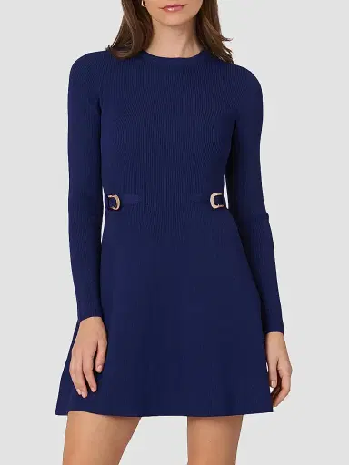 Shoshanna Women's Janice Buckle-Detailed Rib-Knit Fit & Flare Dress - Navy - Size XL | Thumbnail 2
