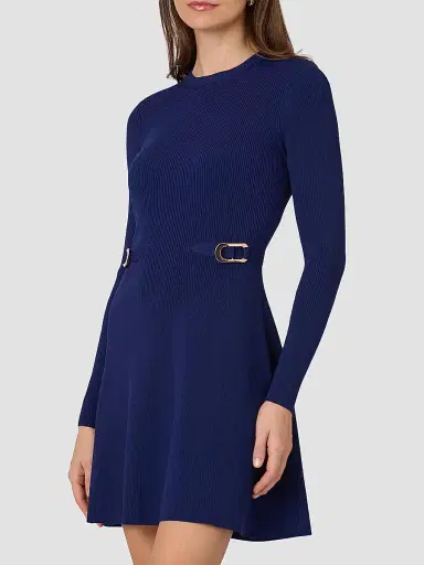 Shoshanna Women's Janice Buckle-Detailed Rib-Knit Fit & Flare Dress - Navy - Size XL | Thumbnail 3
