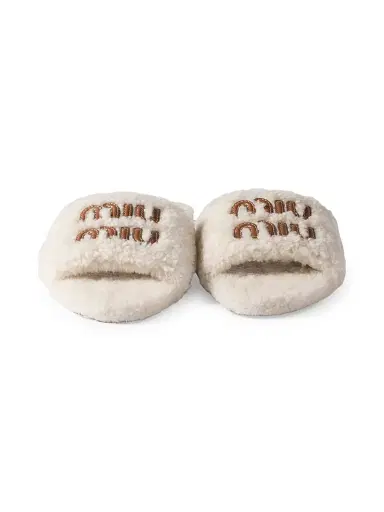 Miu Miu Women's Shearling Slides - Beige Khaki - Size 6 | Thumbnail 2