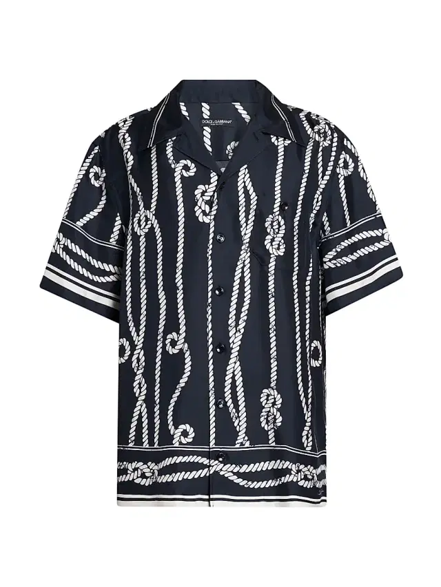 Dolce & Gabbana Men's St. Marina Rope-Print Silk Camp Shirt - Corde Blue Navy