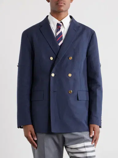 Thom Browne Double-Breasted Striped Cotton and Linen-Blend Blazer - Men | Thumbnail 3 Thom Browne Double-Breasted Striped Cotton and Linen-Blend Blazer - Men | Thumbnail 3
