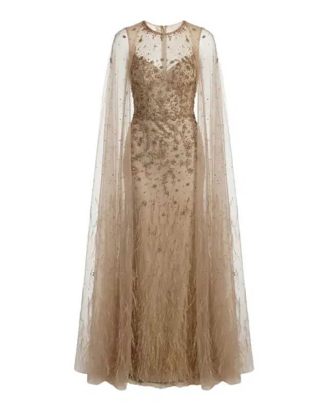 Mac Duggal Crystal-Embellished Feather Cape Column Gown