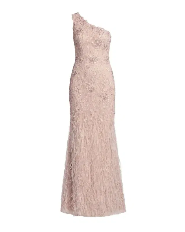 Mac Duggal Embellished Lace One-Shoulder Feather Gown