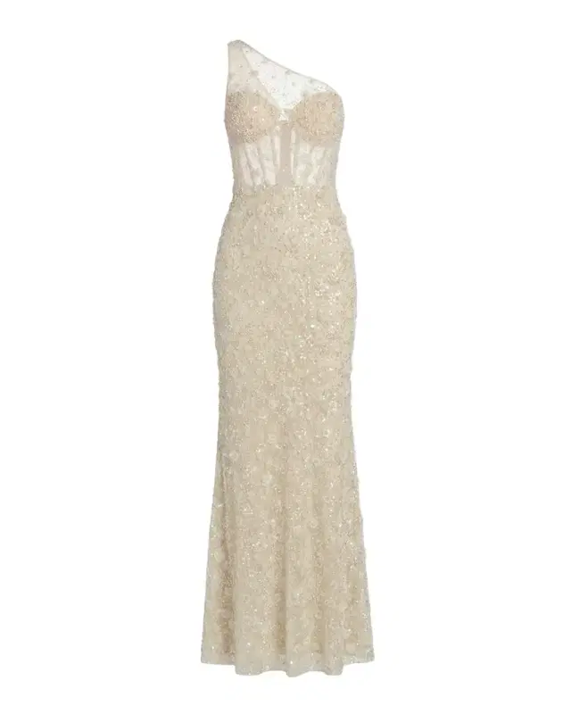 Mac Duggal Sequined Floral Mesh One-Shoulder Trumpet Gown