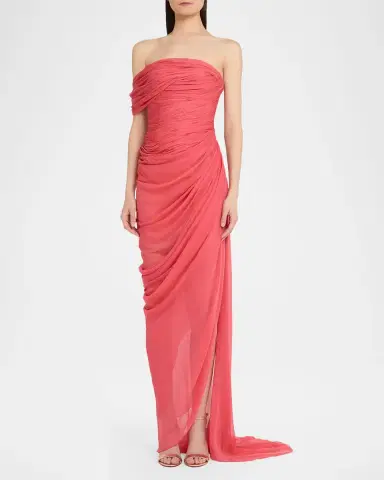 Oscar de la Renta Off-The-Shoulder Draped Chiffon Gown | Thumbnail 2