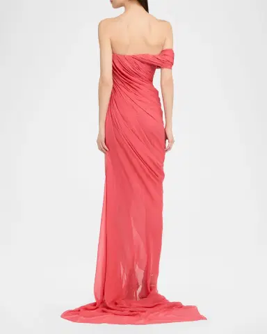 Oscar de la Renta Off-The-Shoulder Draped Chiffon Gown | Thumbnail 3