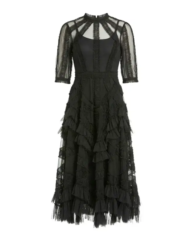 Mac Duggal High-Neck Ruffled A-Line Midi Dress